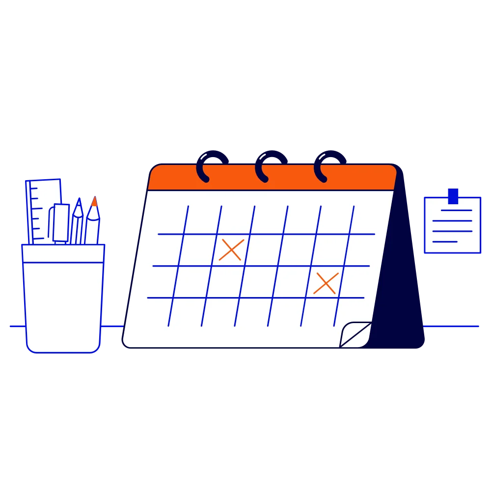Un calendrier avec deux dates cochées et un pot à crayon.
