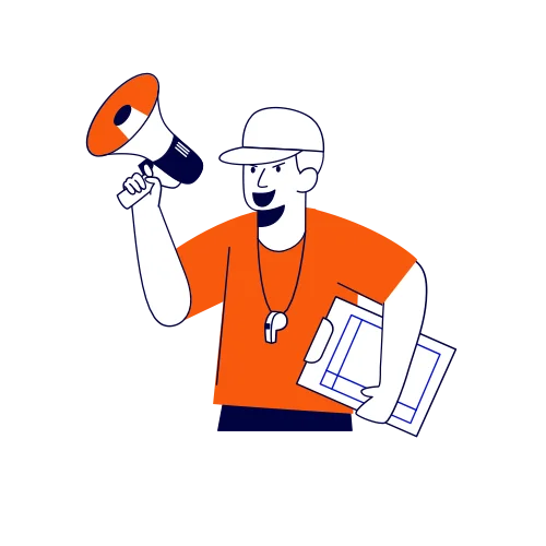 Un coach sportif parle dans un mégaphone.