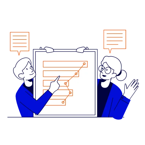 Deux personnages discutant autour d'un graphique ascendant