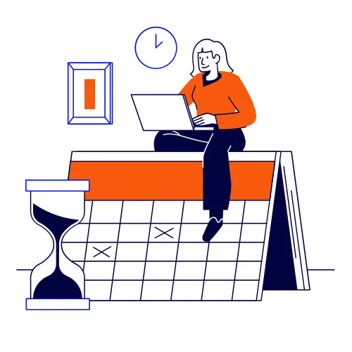 Un personnage féminin travaillant assis sur un calendrier, avec une horloge et un sablier autour