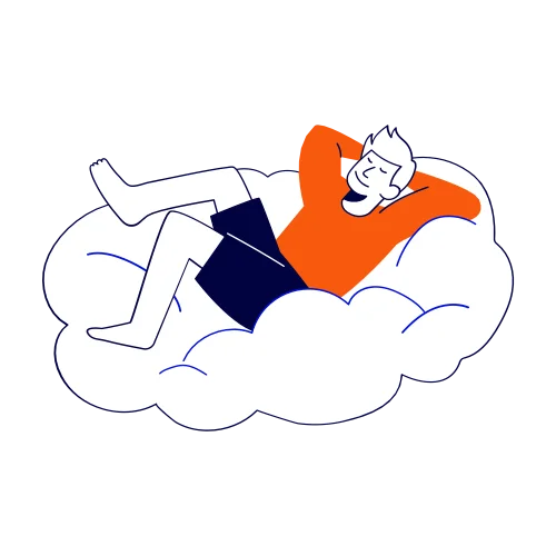 Un homme se repose sur un nuage, les mains derrière la tête.