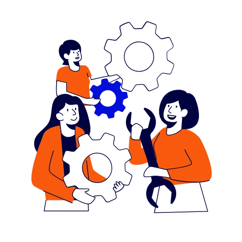 Trois personnes souriantes travaillant ensemble à construire un système.