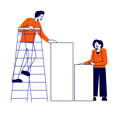 Deux personnages construisent un graphique en bâton, l'un est sur un escabeau.