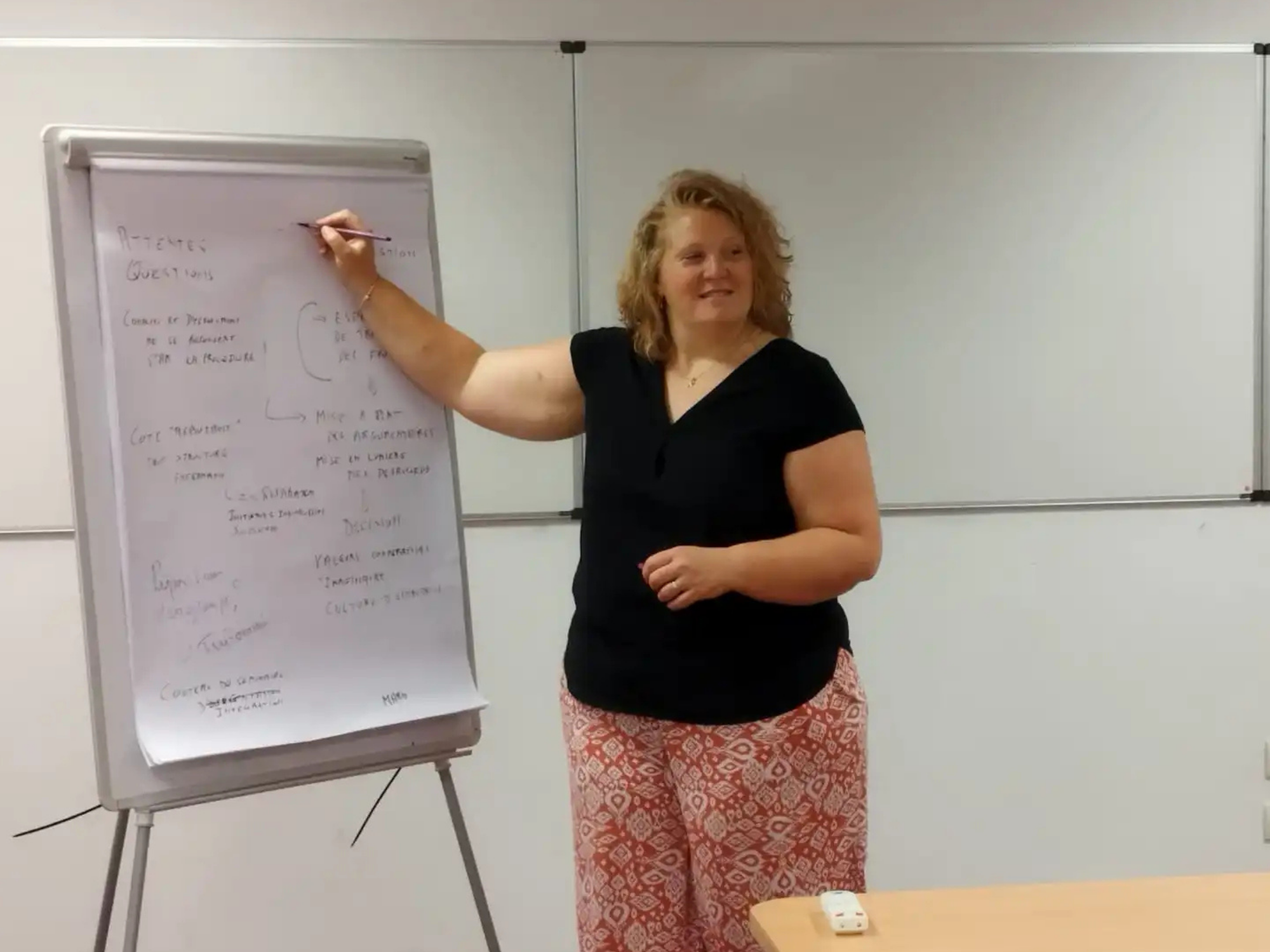 Camille Hattry-Bascou note sur un paperboard les propositions des participants à l'atelier.