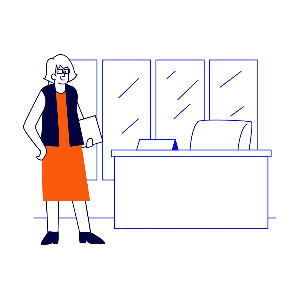 Un personnage assuré et souriant se tient debout à côté d'un bureau