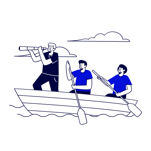 Trois personnes dans une barque, deux rament et un regarde à travers une longue vue.